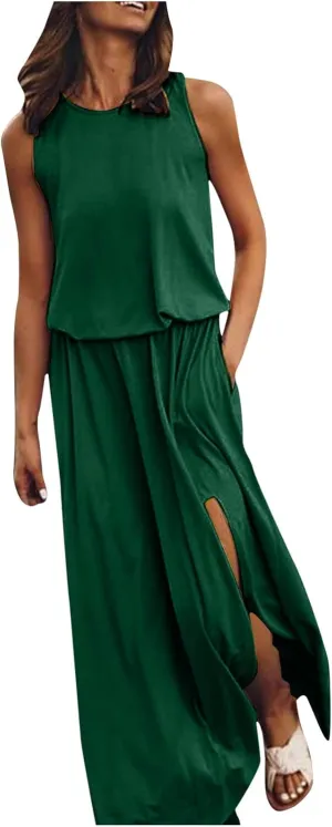 Casual Summer Dresses for Women 2025 Crewneck Sleeveless Sexy Fork Opening Maxi Dress Vacation Beach Boho Sundresses