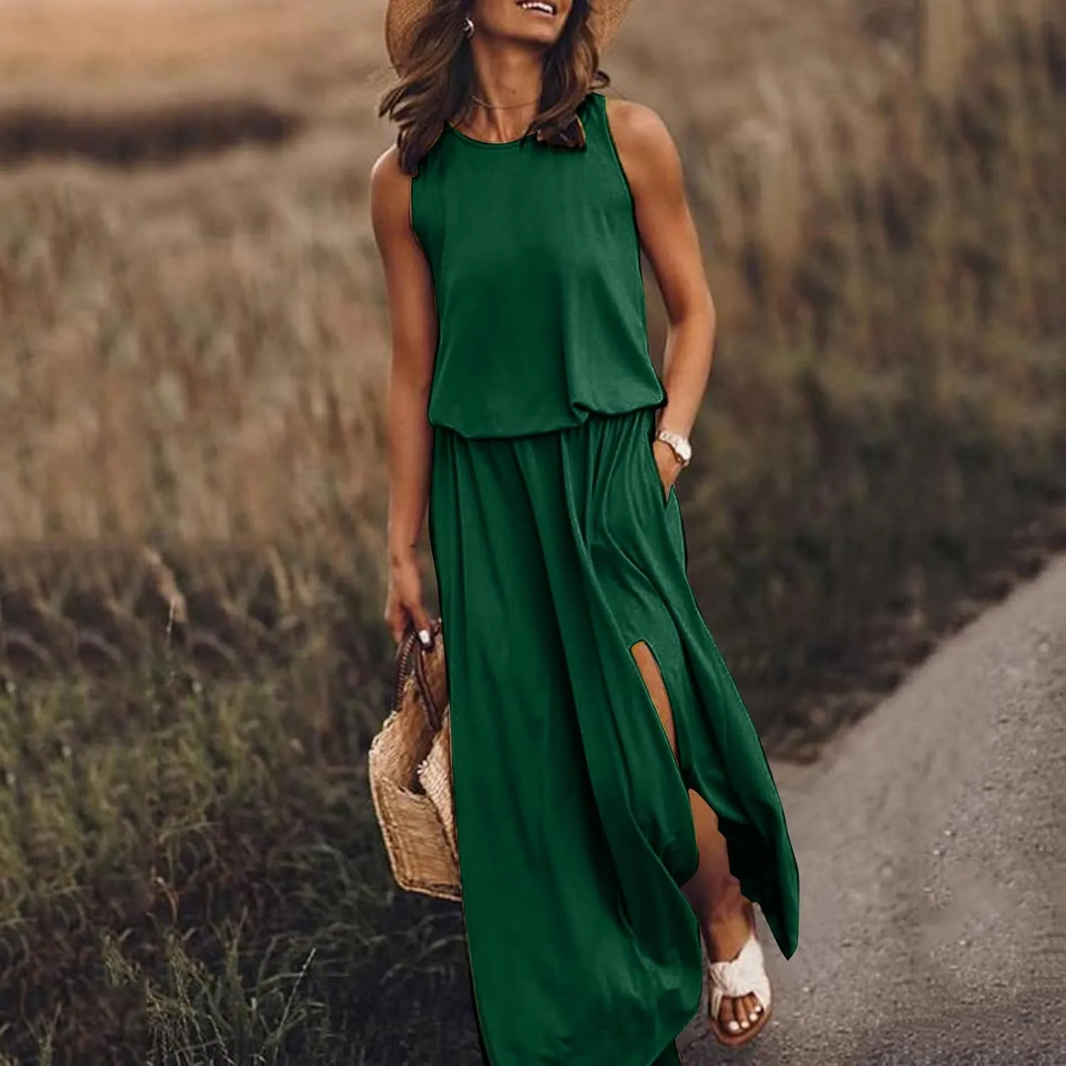 Casual Summer Dresses for Women 2025 Crewneck Sleeveless Sexy Fork Opening Maxi Dress Vacation Beach Boho Sundresses