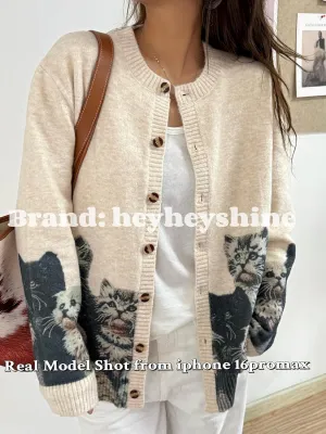 Cat Sweaters for Women Oversized Cardigan Sweater Crew Y2K Button Knit Cardigan Sweater Cute Cat Cardigan Sweaters