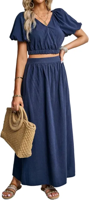 CHARTOU Women's 2 Piece Outfits Casual V-Neck Puff Sleeve Crop Top & A-Line Maxi Skirt Set