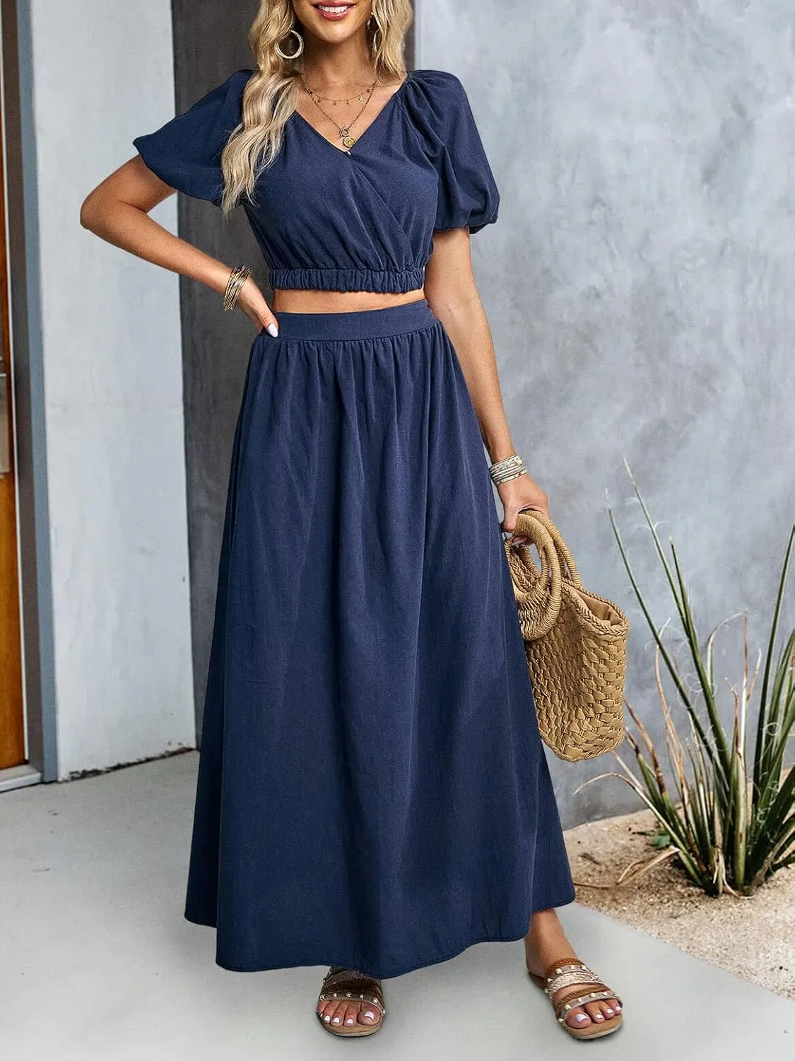 CHARTOU Women's 2 Piece Outfits Casual V-Neck Puff Sleeve Crop Top & A-Line Maxi Skirt Set