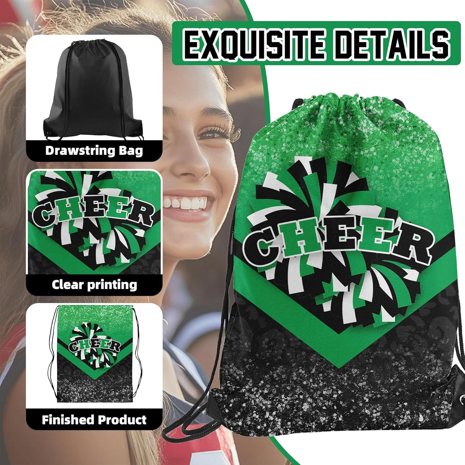 Cheer Drawstring Backpack Cheerleading Drawstring Gym Bag Cheer Accessories Cheerleader Gifts for Cheerleaders 1Pcs (Green&Black)