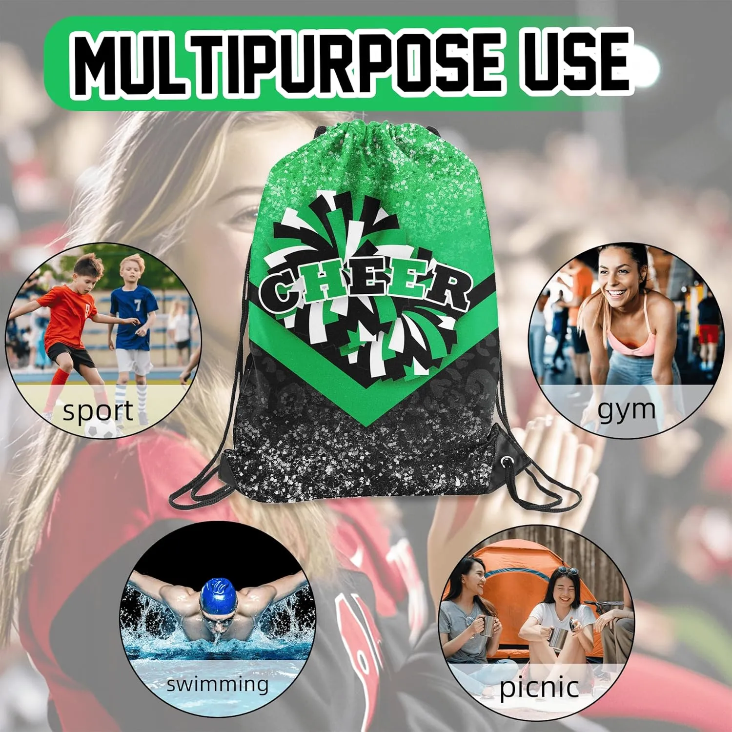 Cheer Drawstring Backpack Cheerleading Drawstring Gym Bag Cheer Accessories Cheerleader Gifts for Cheerleaders 1Pcs (Green&Black)