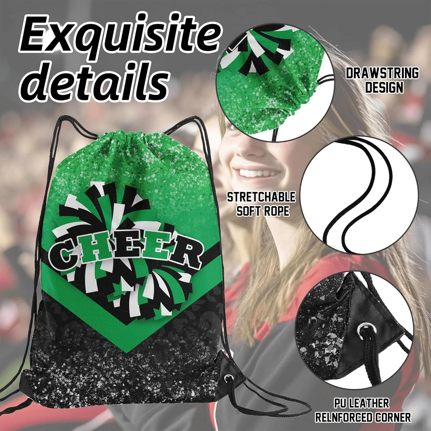 Cheer Drawstring Backpack Cheerleading Drawstring Gym Bag Cheer Accessories Cheerleader Gifts for Cheerleaders 1Pcs (Green&Black)