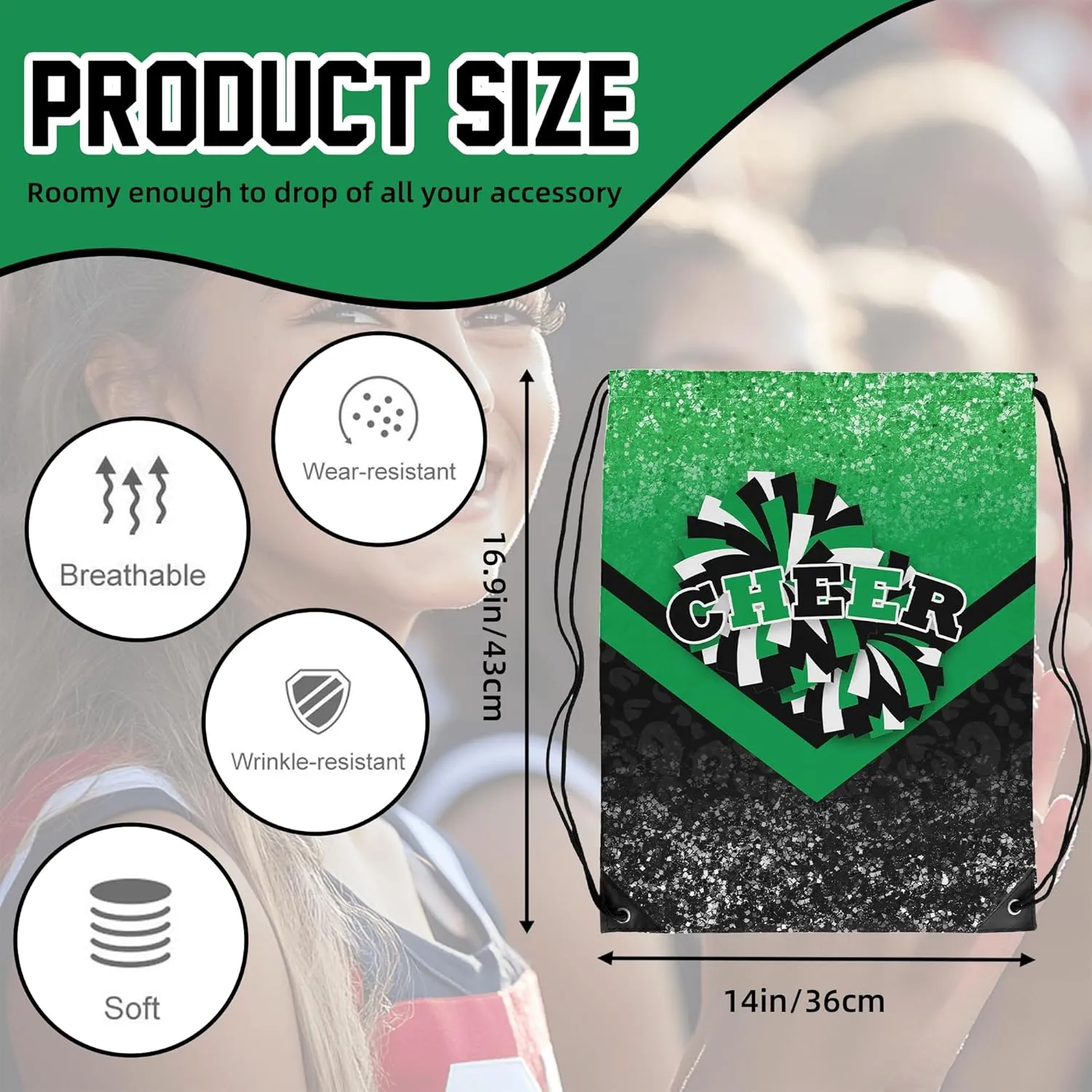 Cheer Drawstring Backpack Cheerleading Drawstring Gym Bag Cheer Accessories Cheerleader Gifts for Cheerleaders 1Pcs (Green&Black)