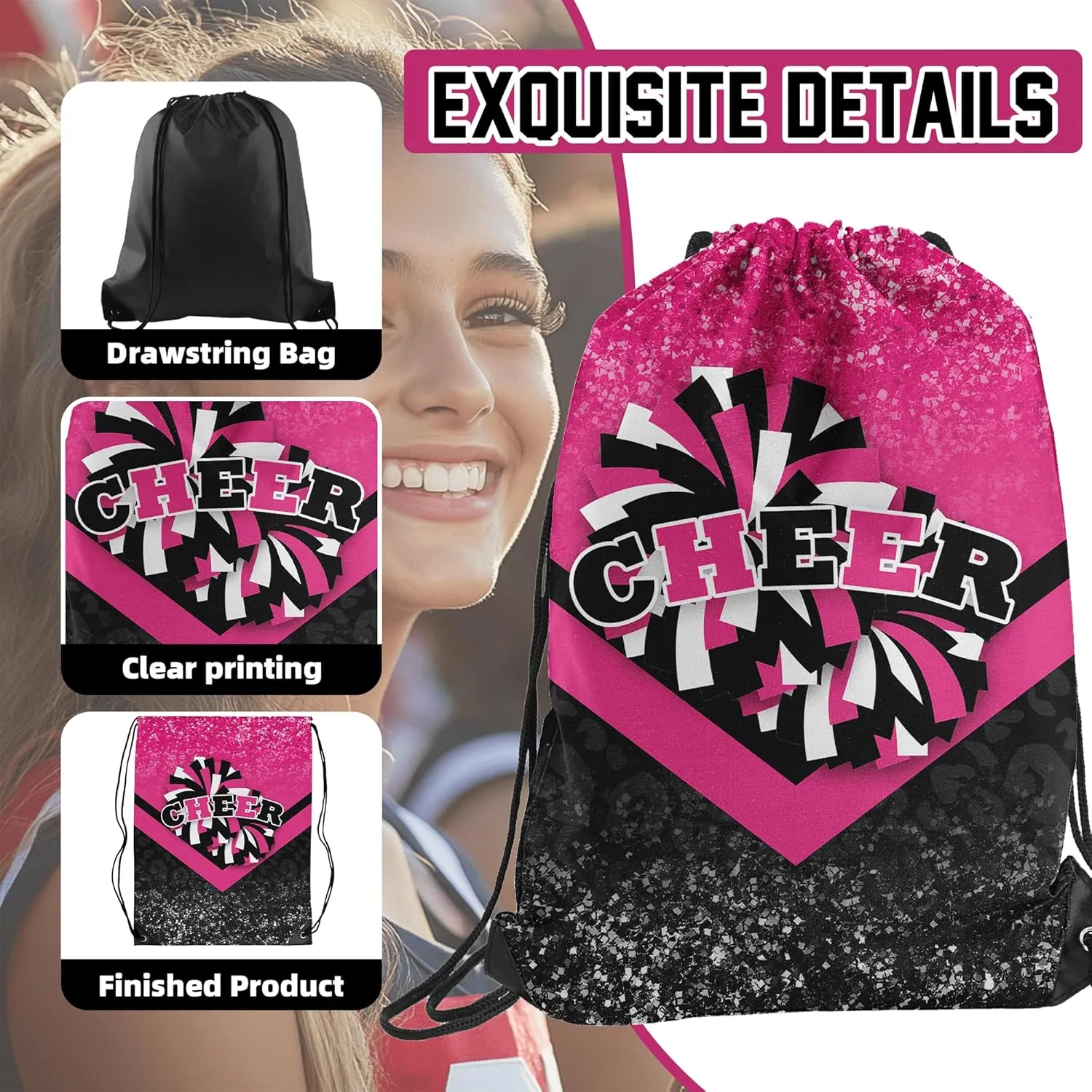 Cheer Drawstring Backpack Cheerleading Drawstring Gym Bag Cheer Accessories Cheerleader Gifts for Cheerleaders 1Pcs (Rose&Black)