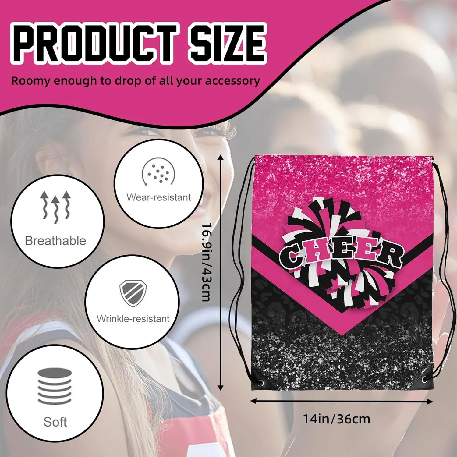 Cheer Drawstring Backpack Cheerleading Drawstring Gym Bag Cheer Accessories Cheerleader Gifts for Cheerleaders 1Pcs (Rose&Black)