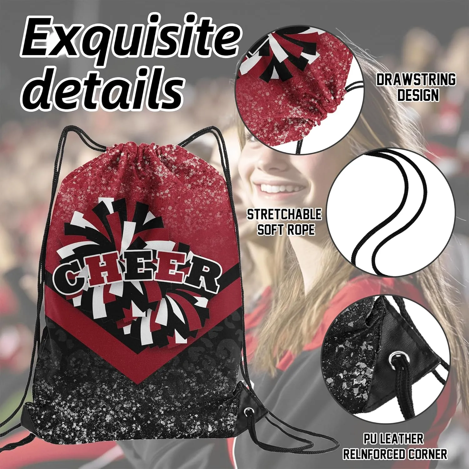 Cheer Drawstring Backpack Cheerleading Drawstring Gym Bag Cheer Accessories Cheerleader Gifts for Cheerleaders 1Pcs (Winered&Black)
