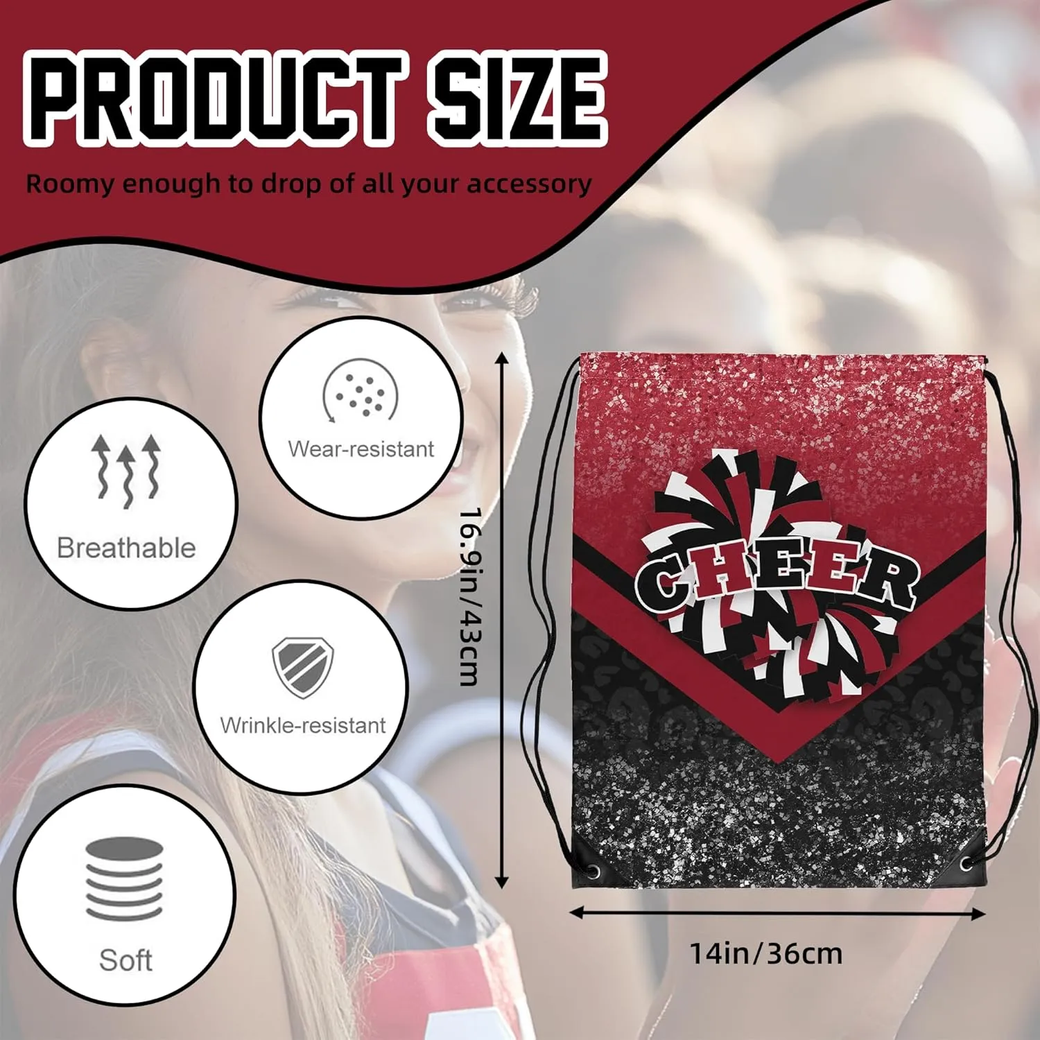 Cheer Drawstring Backpack Cheerleading Drawstring Gym Bag Cheer Accessories Cheerleader Gifts for Cheerleaders 1Pcs (Winered&Black)