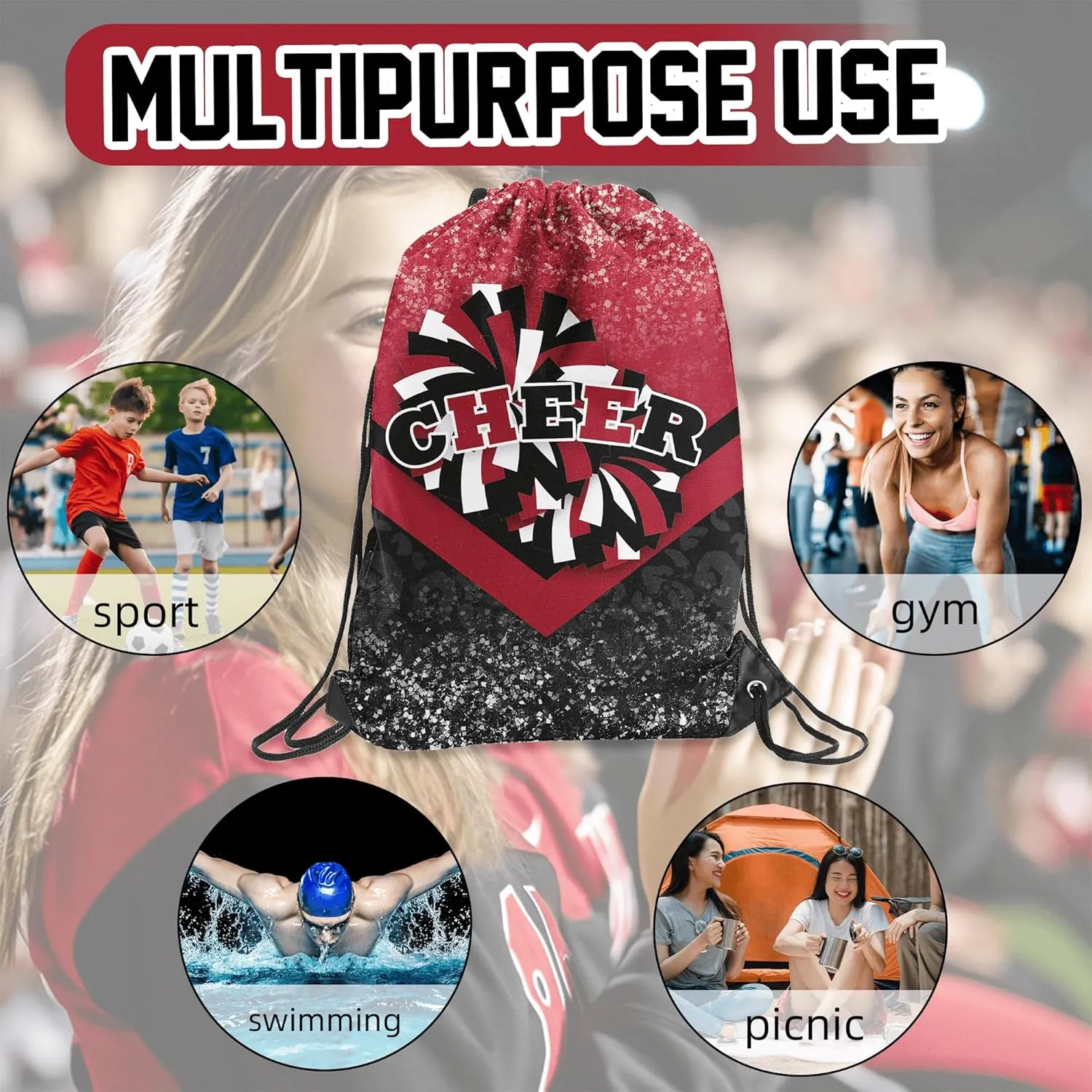 Cheer Drawstring Backpack Cheerleading Drawstring Gym Bag Cheer Accessories Cheerleader Gifts for Cheerleaders 1Pcs (Winered&Black)