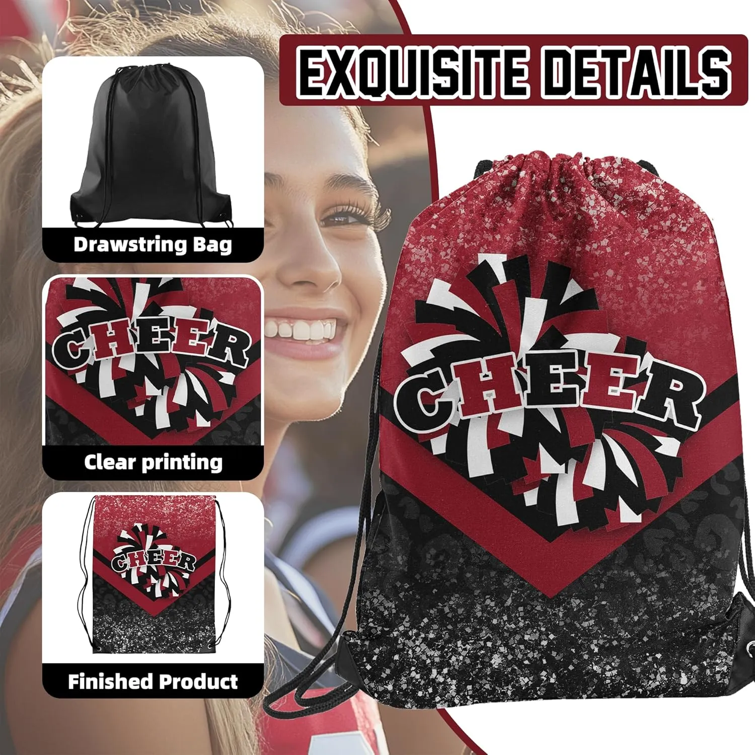 Cheer Drawstring Backpack Cheerleading Drawstring Gym Bag Cheer Accessories Cheerleader Gifts for Cheerleaders 1Pcs (Winered&Black)