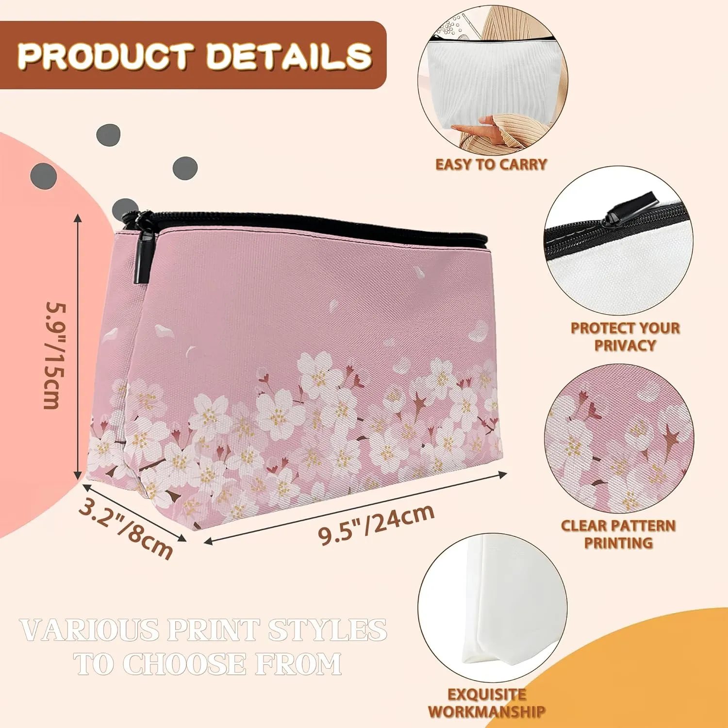 Cherry Blossom Cosmetic Bags Pink Flowers Makeup Bags Toiletry Bag Large Capacity Organizer Pouch with Zipper Travel Accessories for Women Girls