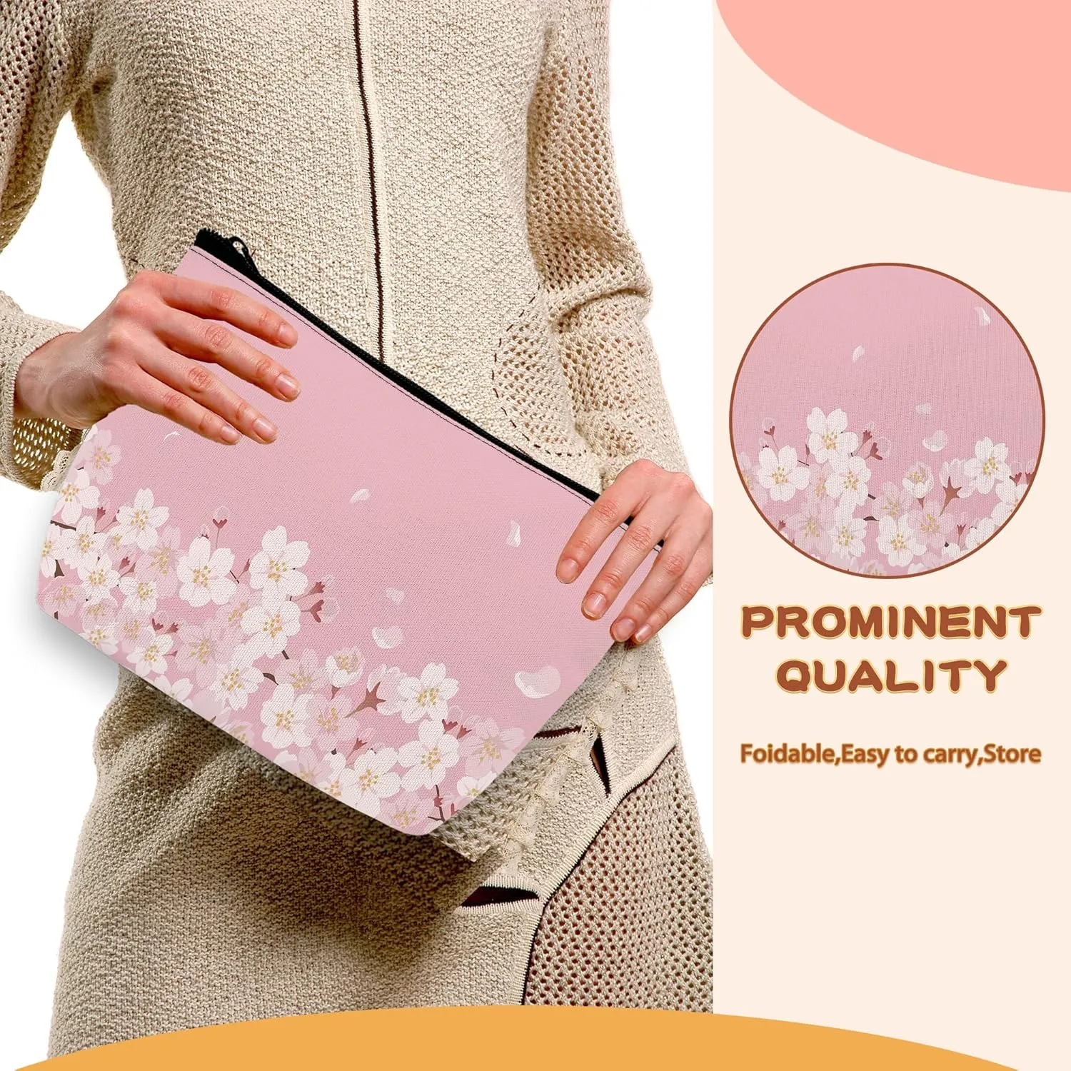 Cherry Blossom Cosmetic Bags Pink Flowers Makeup Bags Toiletry Bag Large Capacity Organizer Pouch with Zipper Travel Accessories for Women Girls