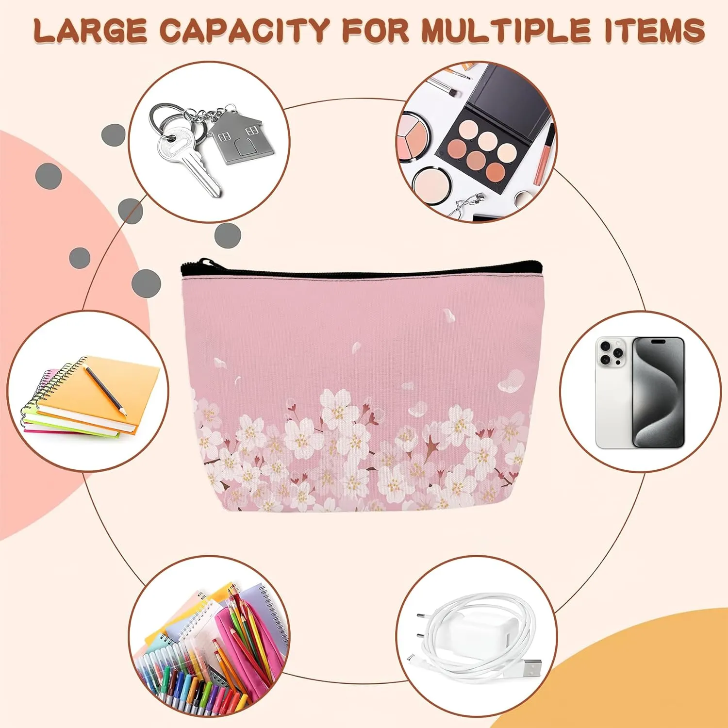 Cherry Blossom Cosmetic Bags Pink Flowers Makeup Bags Toiletry Bag Large Capacity Organizer Pouch with Zipper Travel Accessories for Women Girls