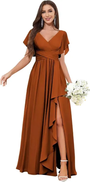 Chiffon Bridesmaid Dresses for Women Long Aline V-Neck Ruffles Pleated Formal Evening Gowns with Slit