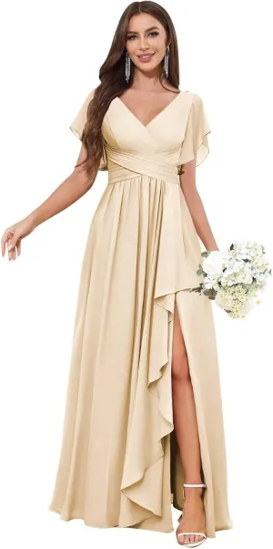 Chiffon Bridesmaid Dresses for Women Long Aline V-Neck Ruffles Pleated Formal Evening Gowns with Slit