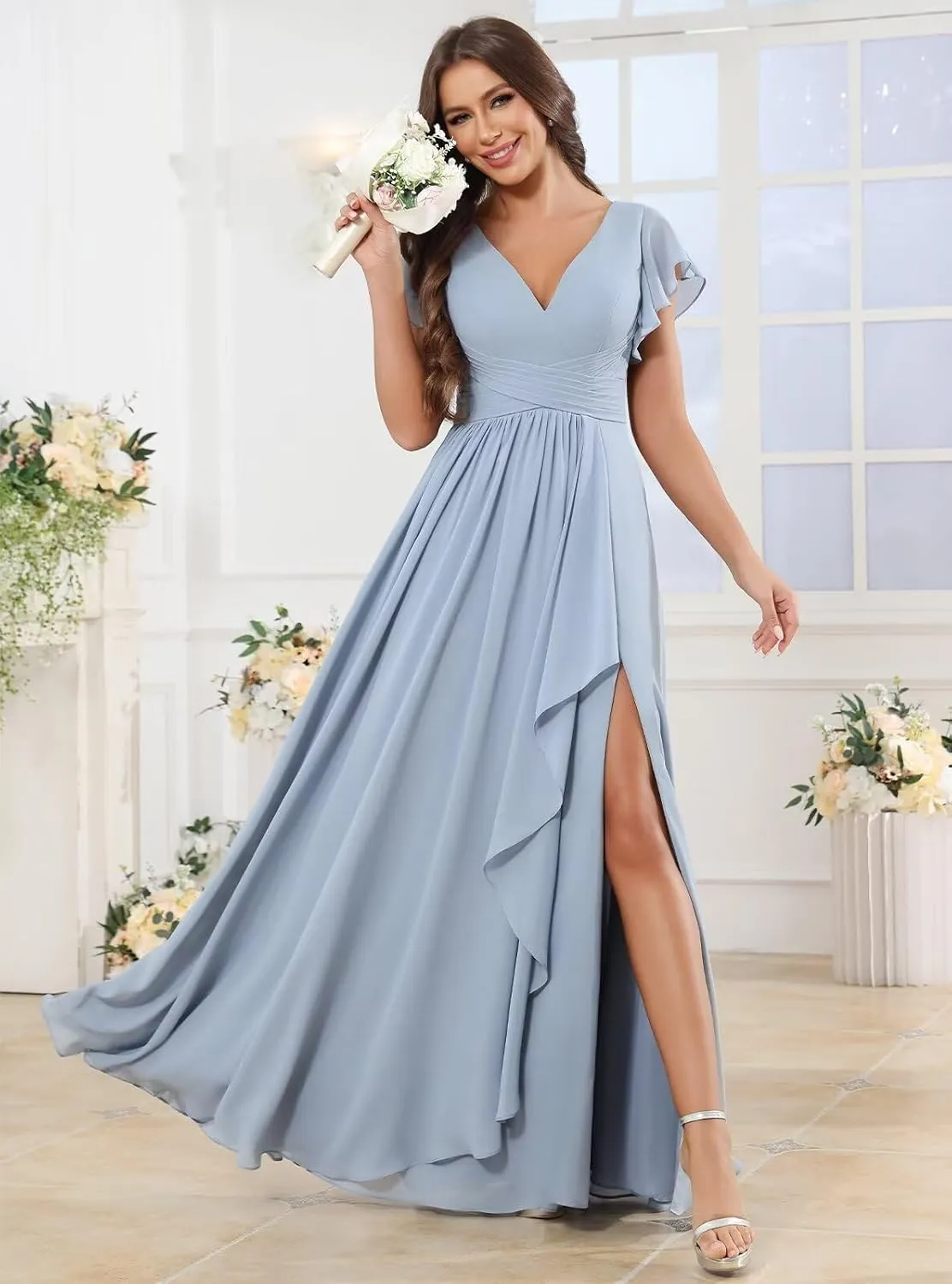 Chiffon Bridesmaid Dresses for Women Long Aline V-Neck Ruffles Pleated Formal Evening Gowns with Slit