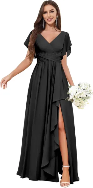 Chiffon Bridesmaid Dresses for Women Long Aline V-Neck Ruffles Pleated Formal Evening Gowns with Slit