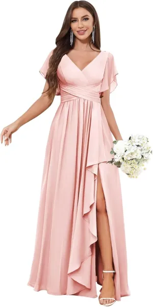 Chiffon Bridesmaid Dresses for Women Long Aline V-Neck Ruffles Pleated Formal Evening Gowns with Slit