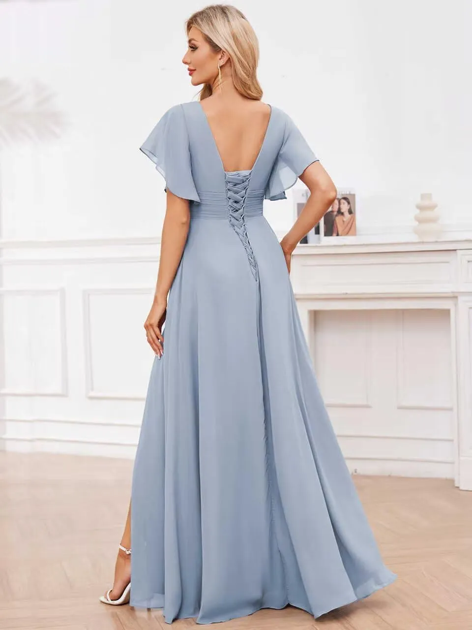 Chiffon Bridesmaid Dresses for Women Long Aline V-Neck Ruffles Pleated Formal Evening Gowns with Slit