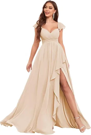 Chiffon Bridesmaid Dresses for Women Ruffles Long Side Slit Prom Evening Dress with Pockets