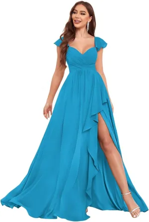 Chiffon Bridesmaid Dresses for Women Ruffles Long Side Slit Prom Evening Dress with Pockets