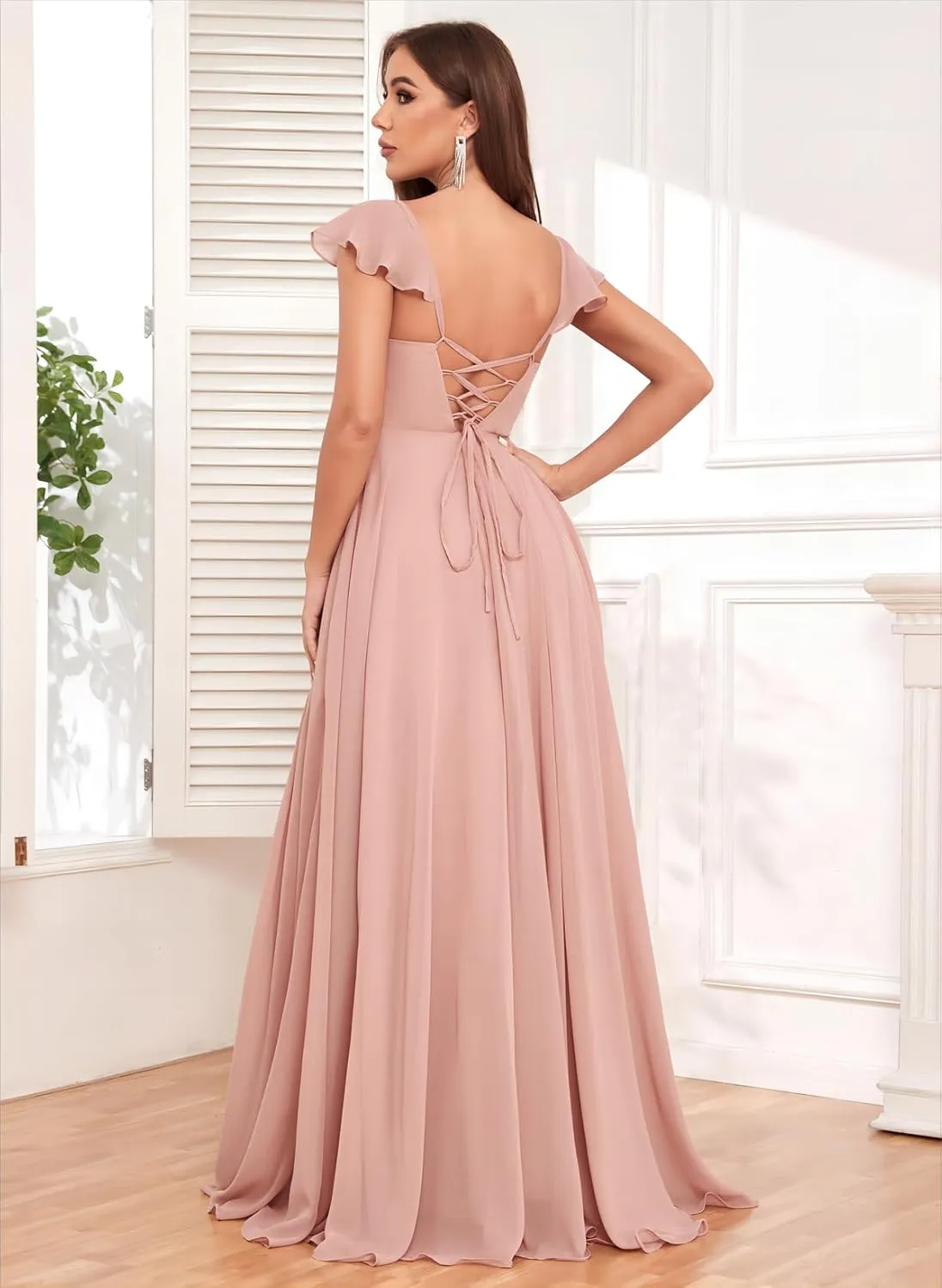 Chiffon Bridesmaid Dresses for Women Ruffles Long Side Slit Prom Evening Dress with Pockets