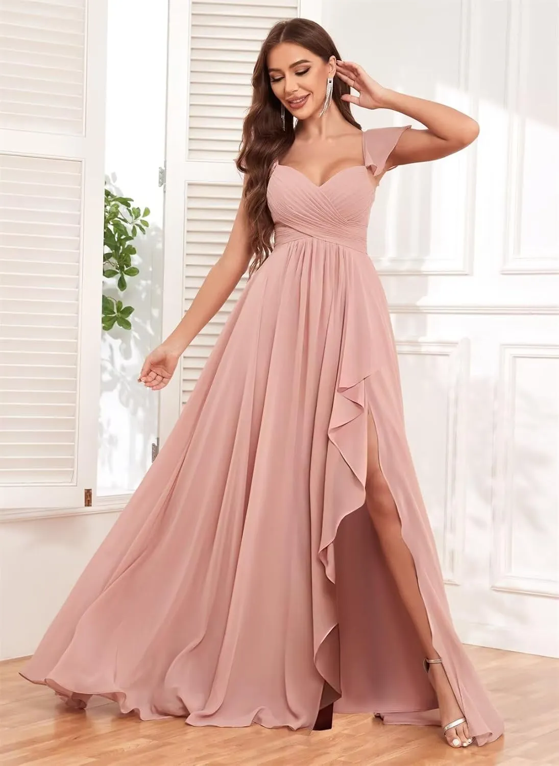 Chiffon Bridesmaid Dresses for Women Ruffles Long Side Slit Prom Evening Dress with Pockets