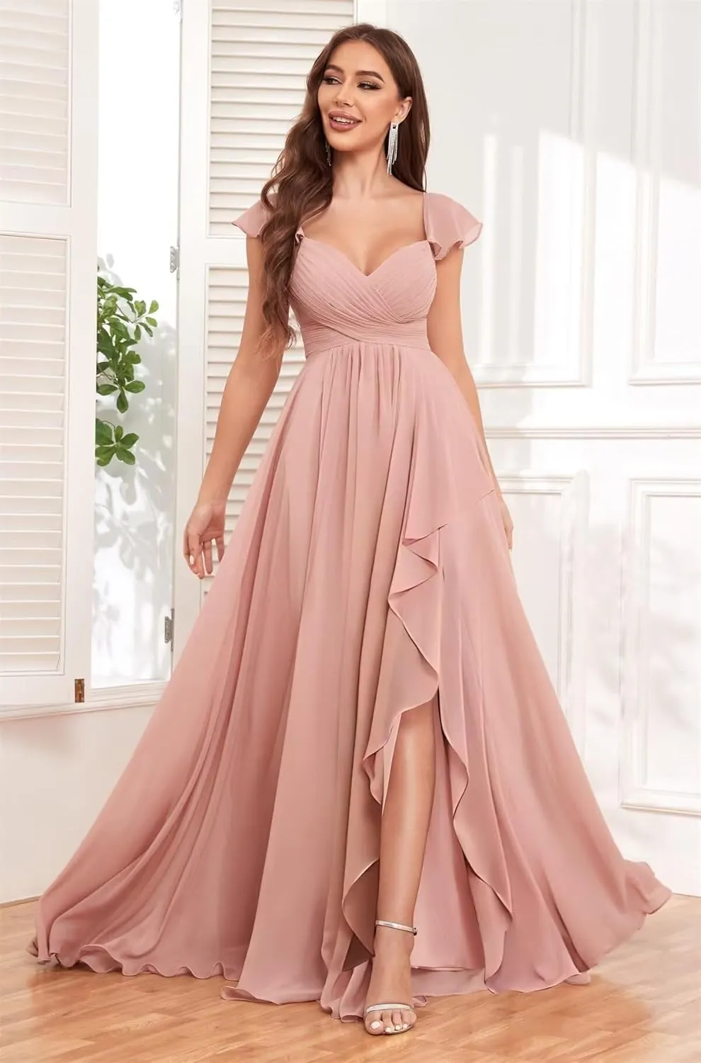 Chiffon Bridesmaid Dresses for Women Ruffles Long Side Slit Prom Evening Dress with Pockets