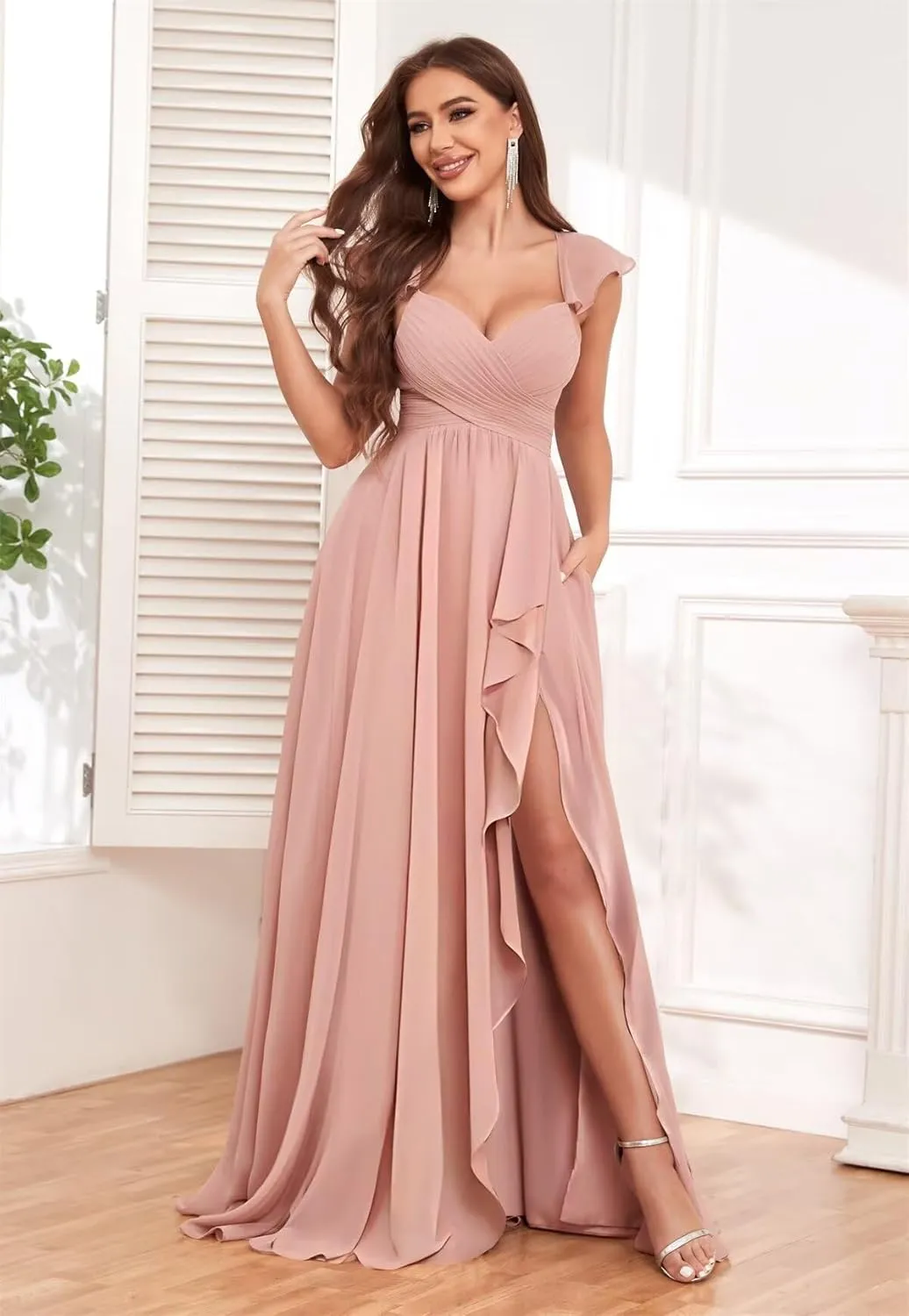 Chiffon Bridesmaid Dresses for Women Ruffles Long Side Slit Prom Evening Dress with Pockets
