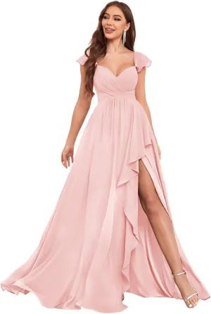 Chiffon Bridesmaid Dresses for Women Ruffles Long Side Slit Prom Evening Dress with Pockets