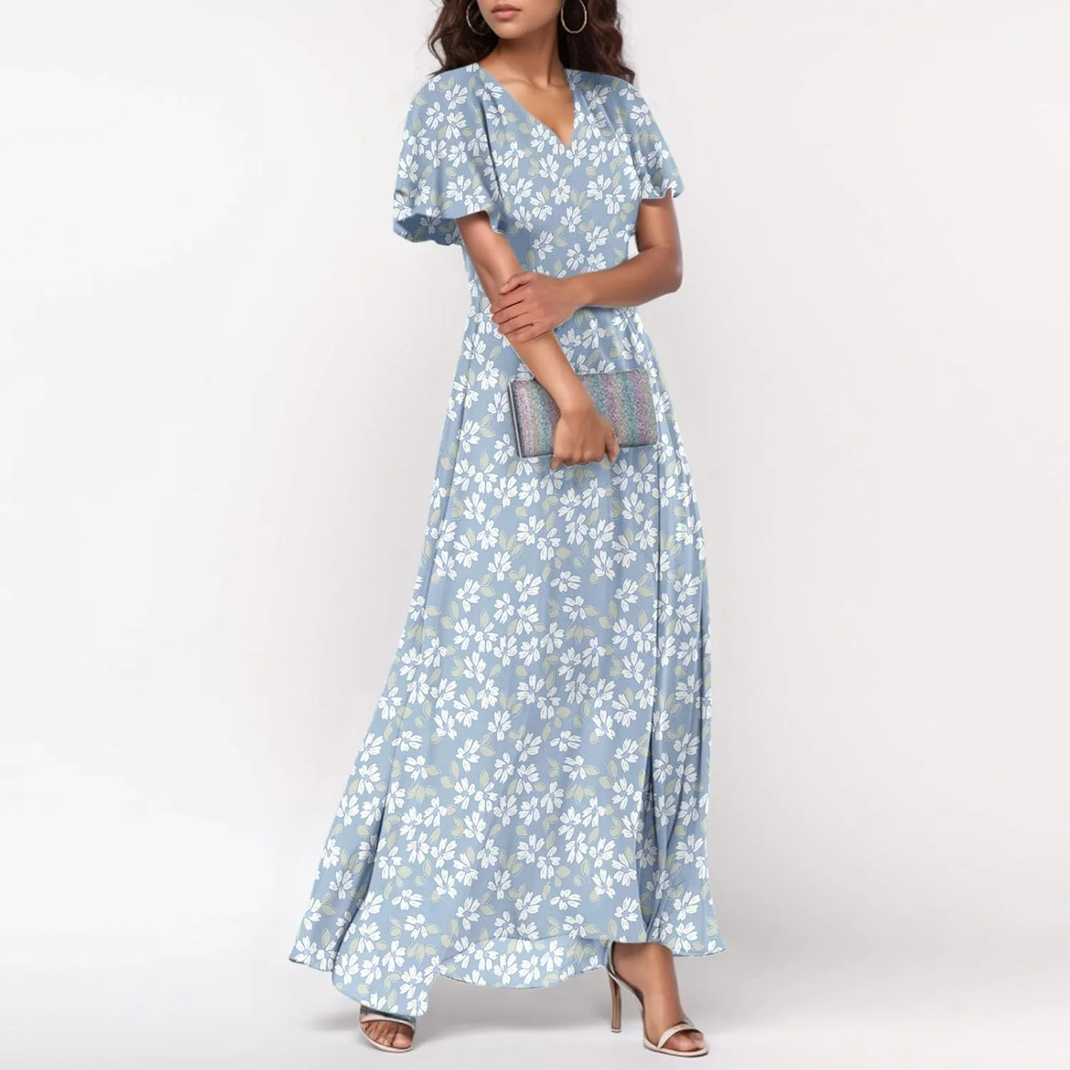 Chiffon Dresses for Women 2025 Elegant Flutter Sleeve Long Flowy Floral Maxi Dress Womens Plus Size Summer Dresses