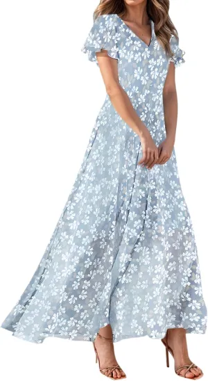 Chiffon Dresses for Women 2025 Elegant Flutter Sleeve Long Flowy Floral Maxi Dress Womens Plus Size Summer Dresses