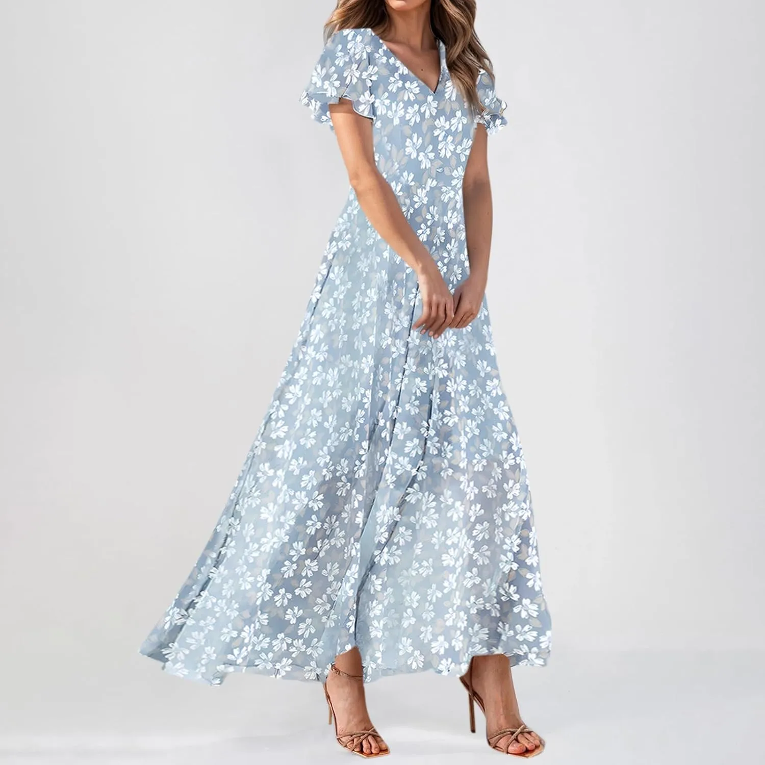 Chiffon Dresses for Women 2025 Elegant Flutter Sleeve Long Flowy Floral Maxi Dress Womens Plus Size Summer Dresses