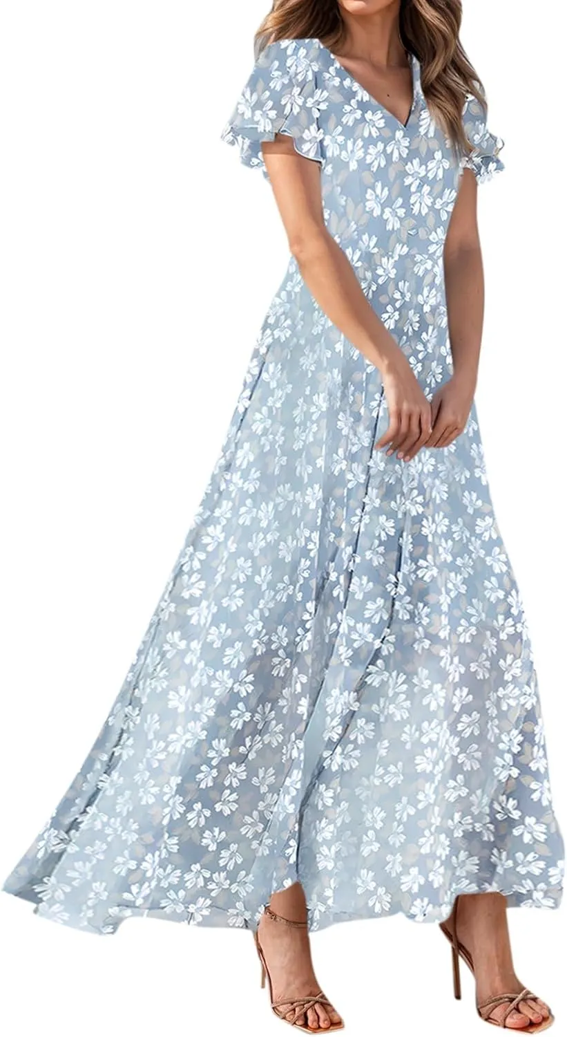 Chiffon Dresses for Women 2025 Elegant Flutter Sleeve Long Flowy Floral Maxi Dress Womens Plus Size Summer Dresses