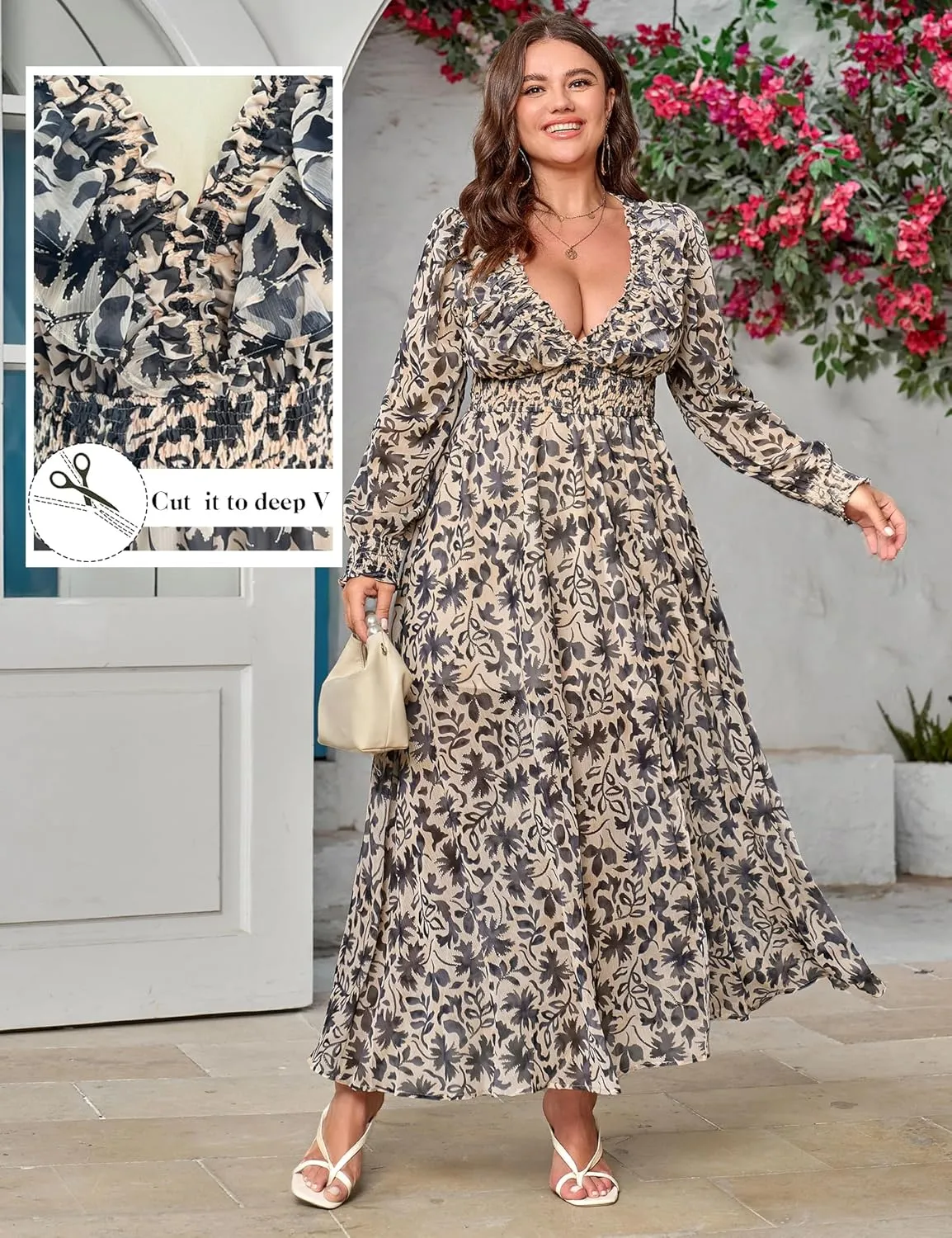 Chiffon Dresses for Women Deep V Neck Floral Long Sleeve Slit Evening Party Wedding Guest Dress
