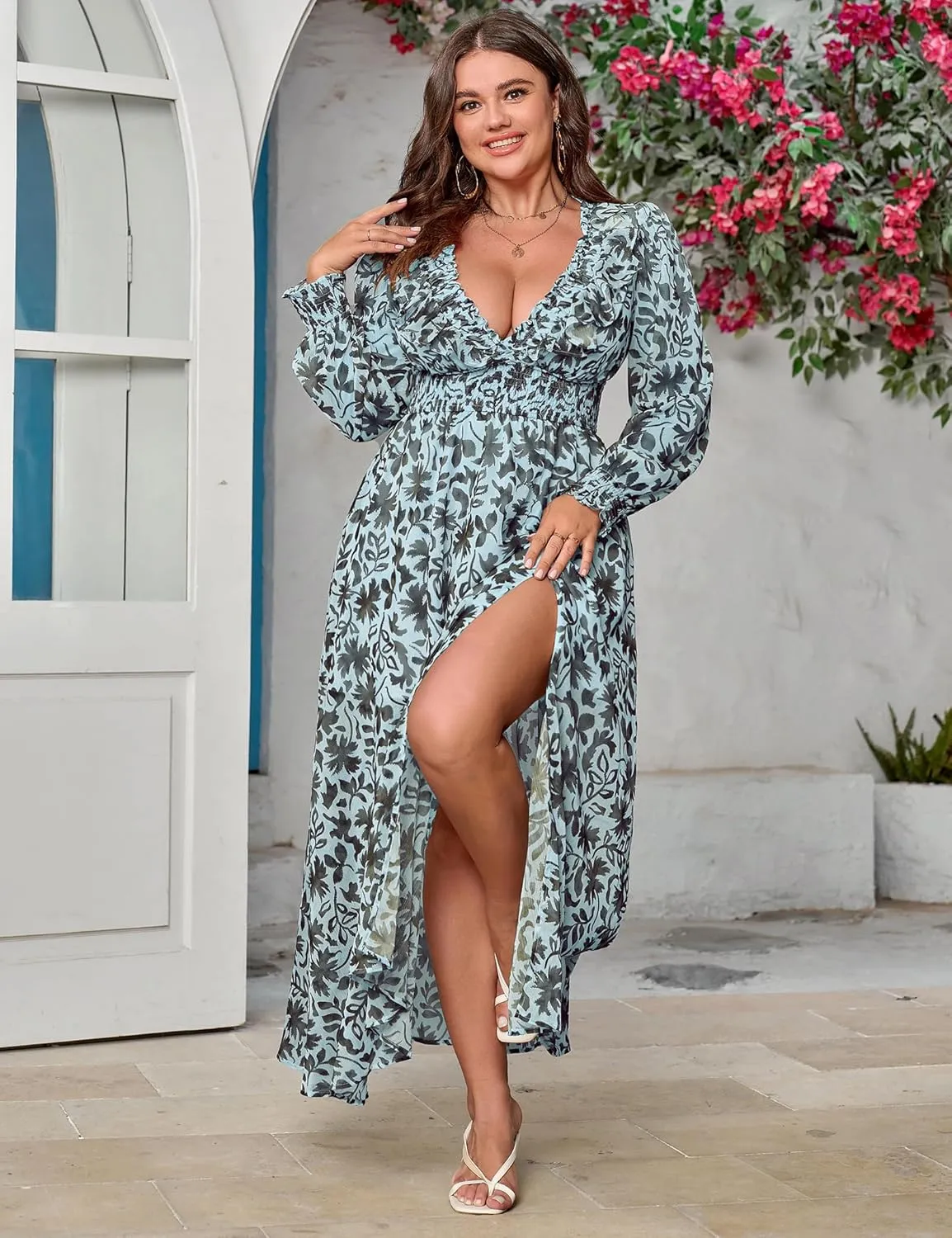 Chiffon Dresses for Women Deep V Neck Floral Long Sleeve Slit Evening Party Wedding Guest Dress