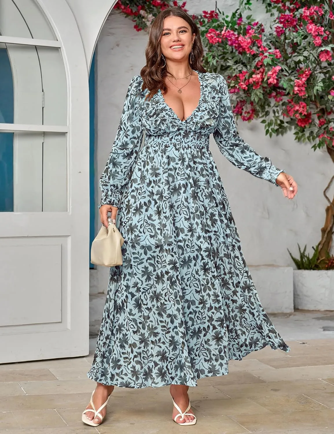 Chiffon Dresses for Women Deep V Neck Floral Long Sleeve Slit Evening Party Wedding Guest Dress