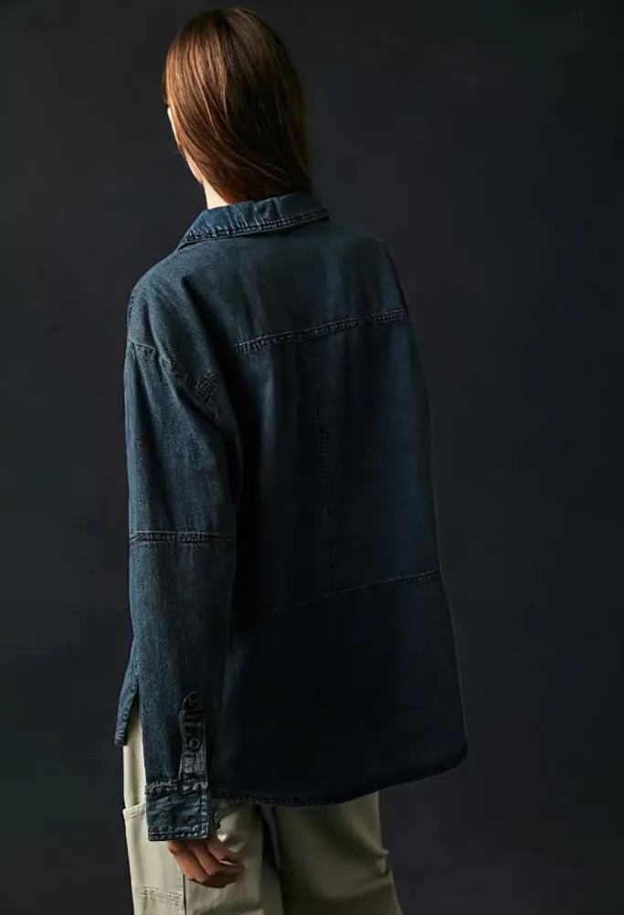 chouyatou Women's Distressed V Neck Denim Jackets Boyfriend Loose Fit Bussiness Casual Jean Pullover Tops