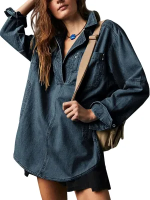 chouyatou Women's Distressed V Neck Denim Jackets Boyfriend Loose Fit Bussiness Casual Jean Pullover Tops