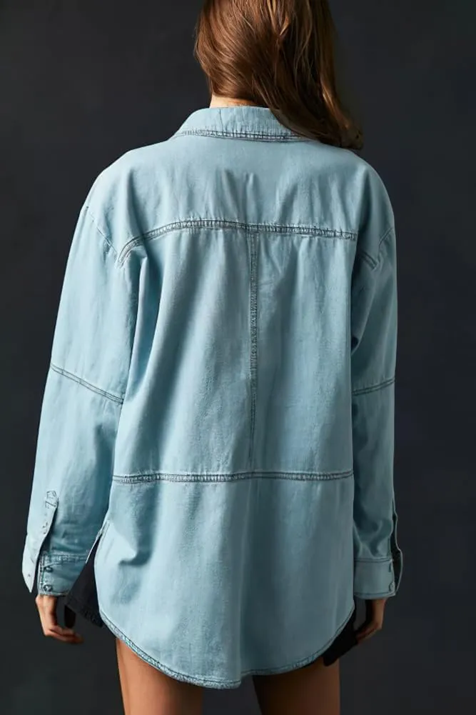chouyatou Women's Distressed V Neck Denim Jackets Boyfriend Loose Fit Bussiness Casual Jean Pullover Tops