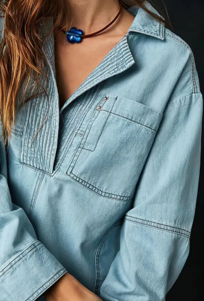 chouyatou Women's Distressed V Neck Denim Jackets Boyfriend Loose Fit Bussiness Casual Jean Pullover Tops