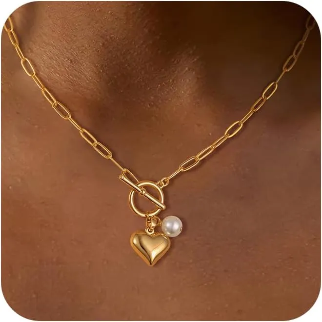 Chunky Gold Necklace for Women Trendy 14K Gold Layered Pendant Necklaces Dainty Chain Heart Paperclip Snake Pearl Necklace Thick T-bar Coin Necklace for Women Jewelry