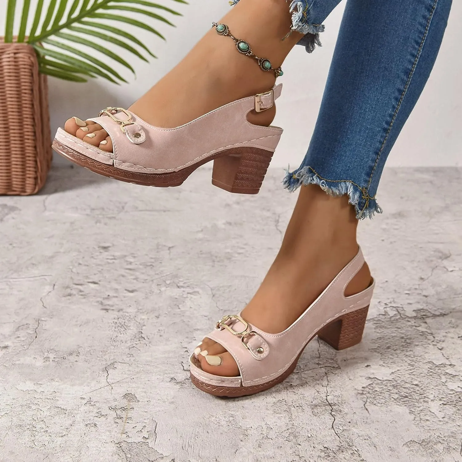 Chunky Heel Sandals Loop Strappy Dressy Casual Sandal Comfy Slingback Block Heel Sandal Business Work Shoes Orthopedic Arch Support Sandals Boho Beach Slip Ons