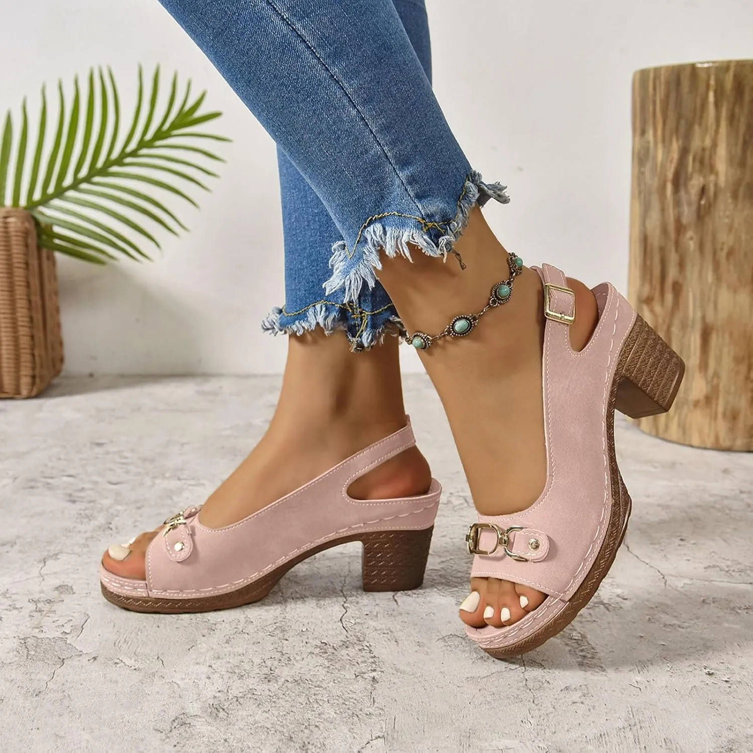 Chunky Heel Sandals Loop Strappy Dressy Casual Sandal Comfy Slingback Block Heel Sandal Business Work Shoes Orthopedic Arch Support Sandals Boho Beach Slip Ons