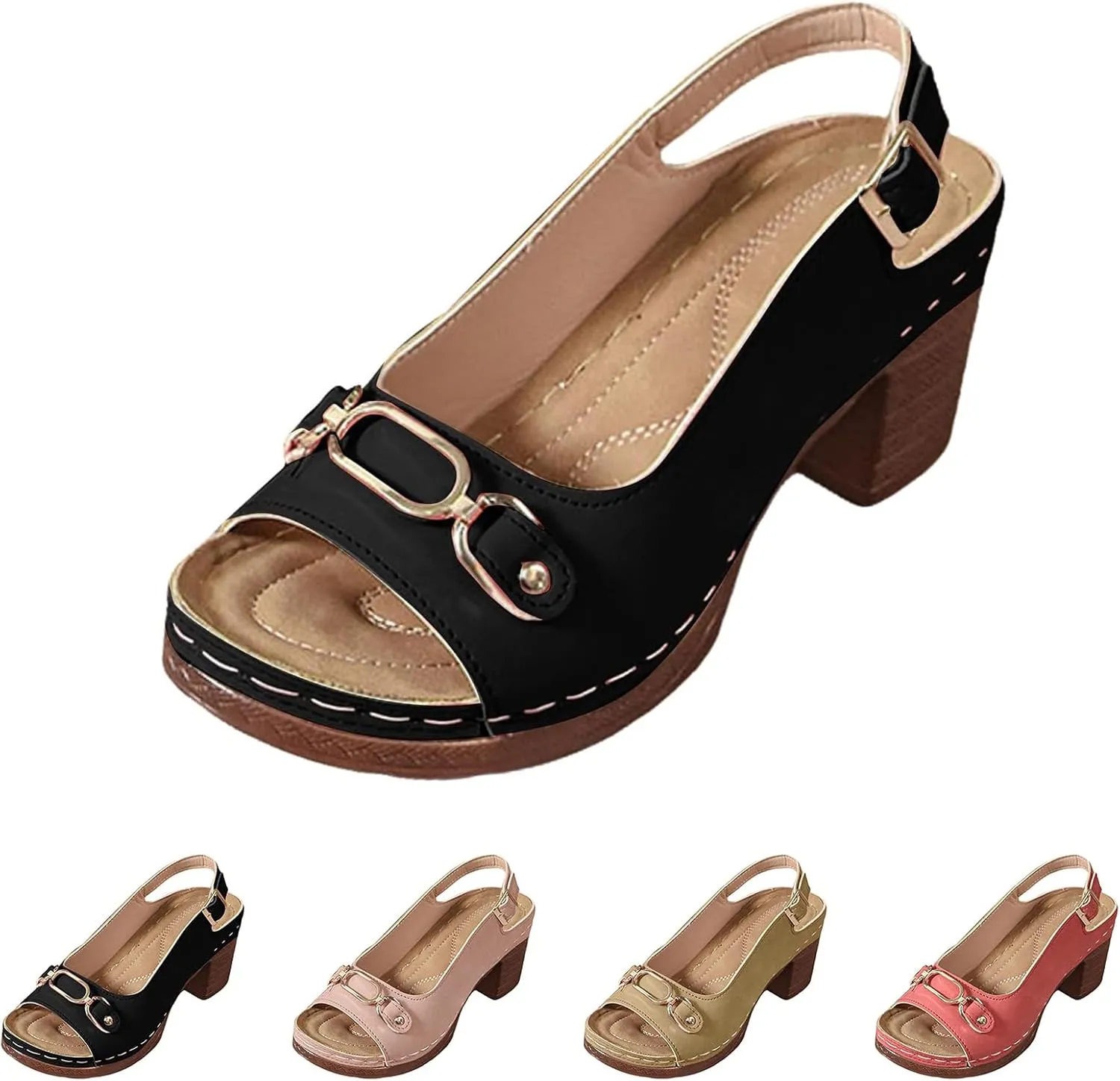 Chunky Heel Sandals Loop Strappy Dressy Casual Sandal Comfy Slingback Block Heel Sandal Business Work Shoes Orthopedic Arch Support Sandals Boho Beach Slip Ons
