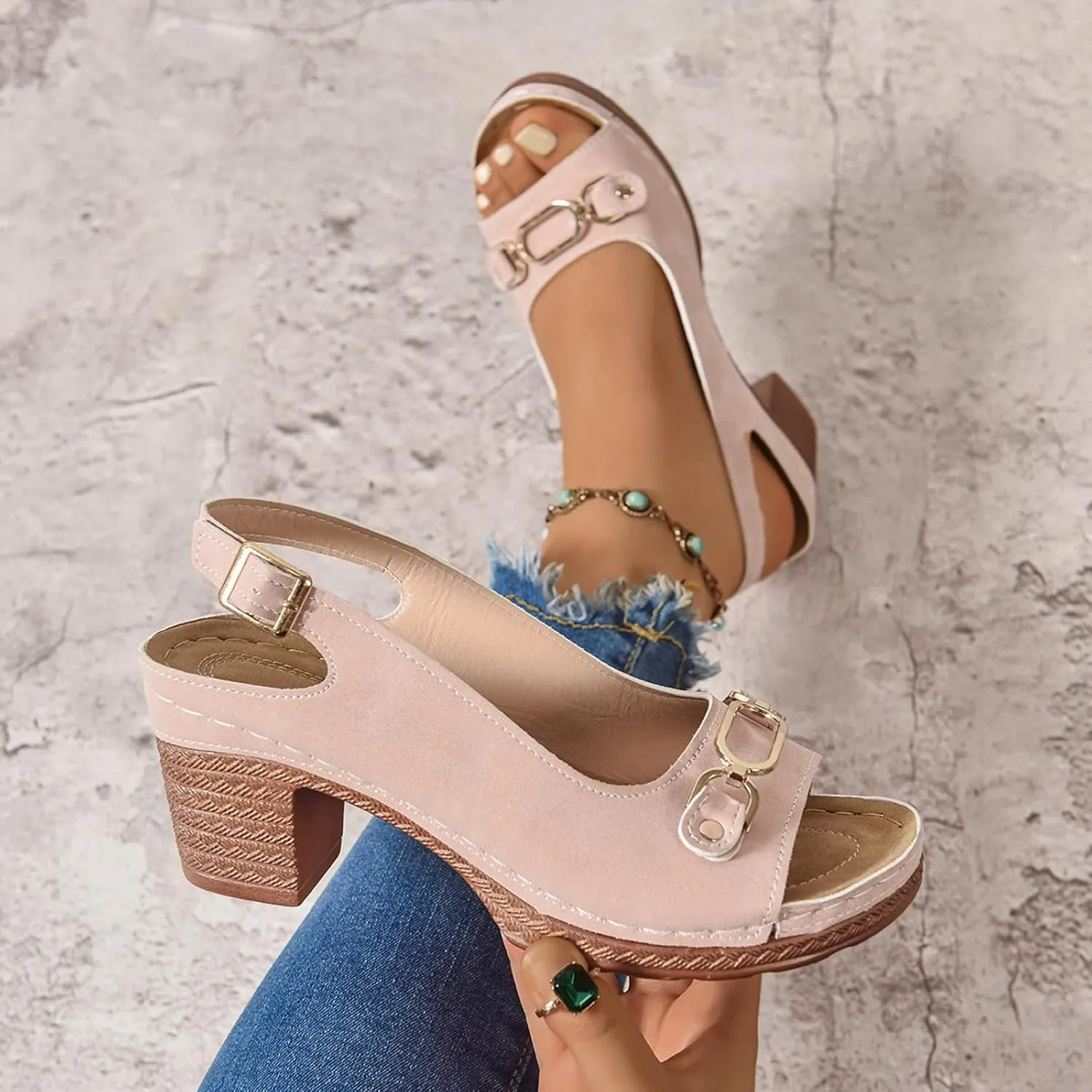 Chunky Heel Sandals Loop Strappy Dressy Casual Sandal Comfy Slingback Block Heel Sandal Business Work Shoes Orthopedic Arch Support Sandals Boho Beach Slip Ons