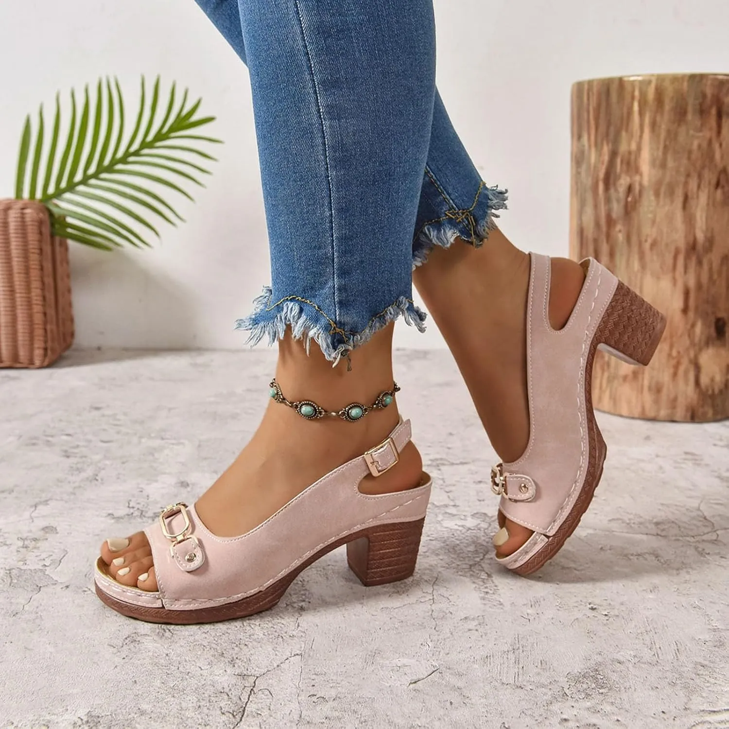 Chunky Heel Sandals Loop Strappy Dressy Casual Sandal Comfy Slingback Block Heel Sandal Business Work Shoes Orthopedic Arch Support Sandals Boho Beach Slip Ons