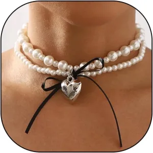 Chunky Pearl Heart Necklaces for Women Y2k Layered Pearl Choker Necklaces Stackable Bow Heart Pendant Necklaces Trendy Coquette Jewelry Accessory