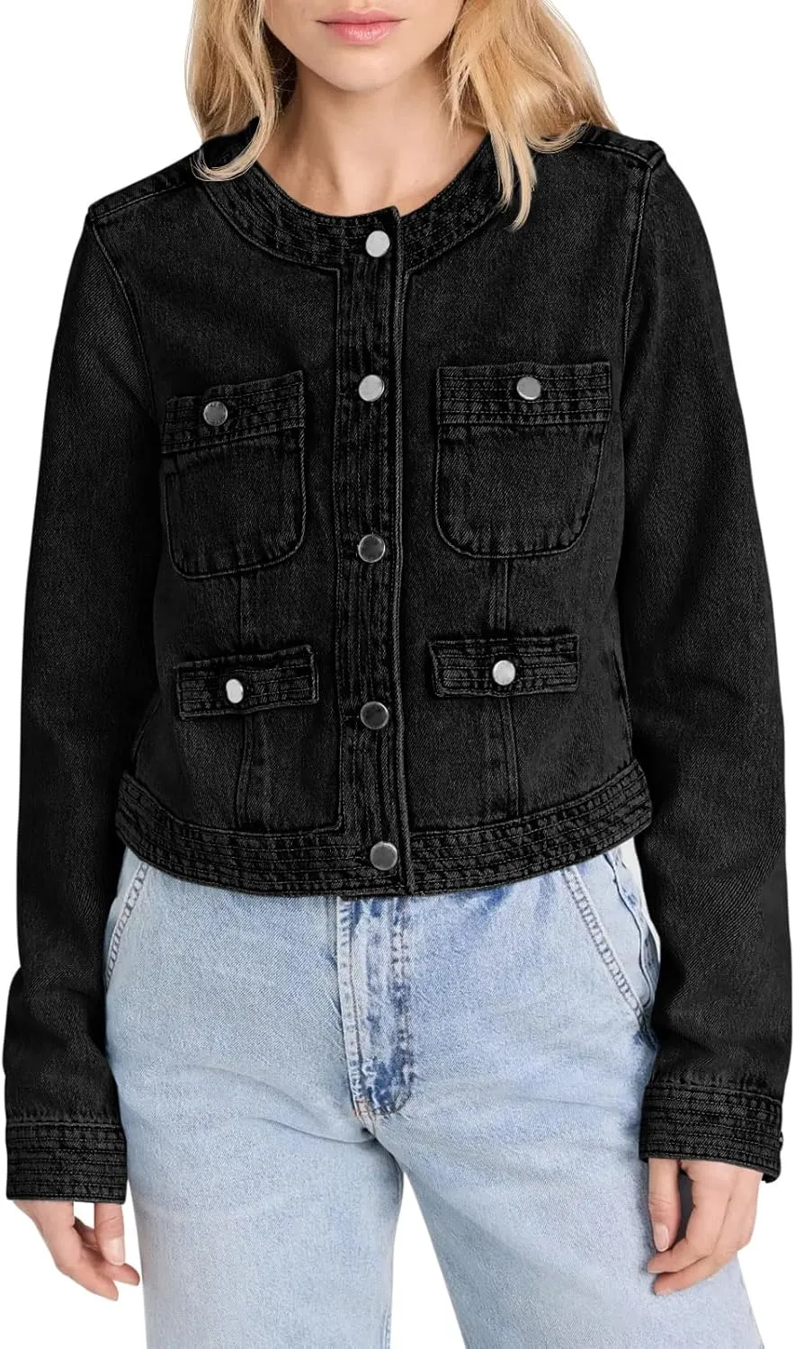Cicy Bell Womens Cropped Denim Jackets Shirts Dressy Casual Shackets Collarless Button Down Long Sleeve Jean Coats